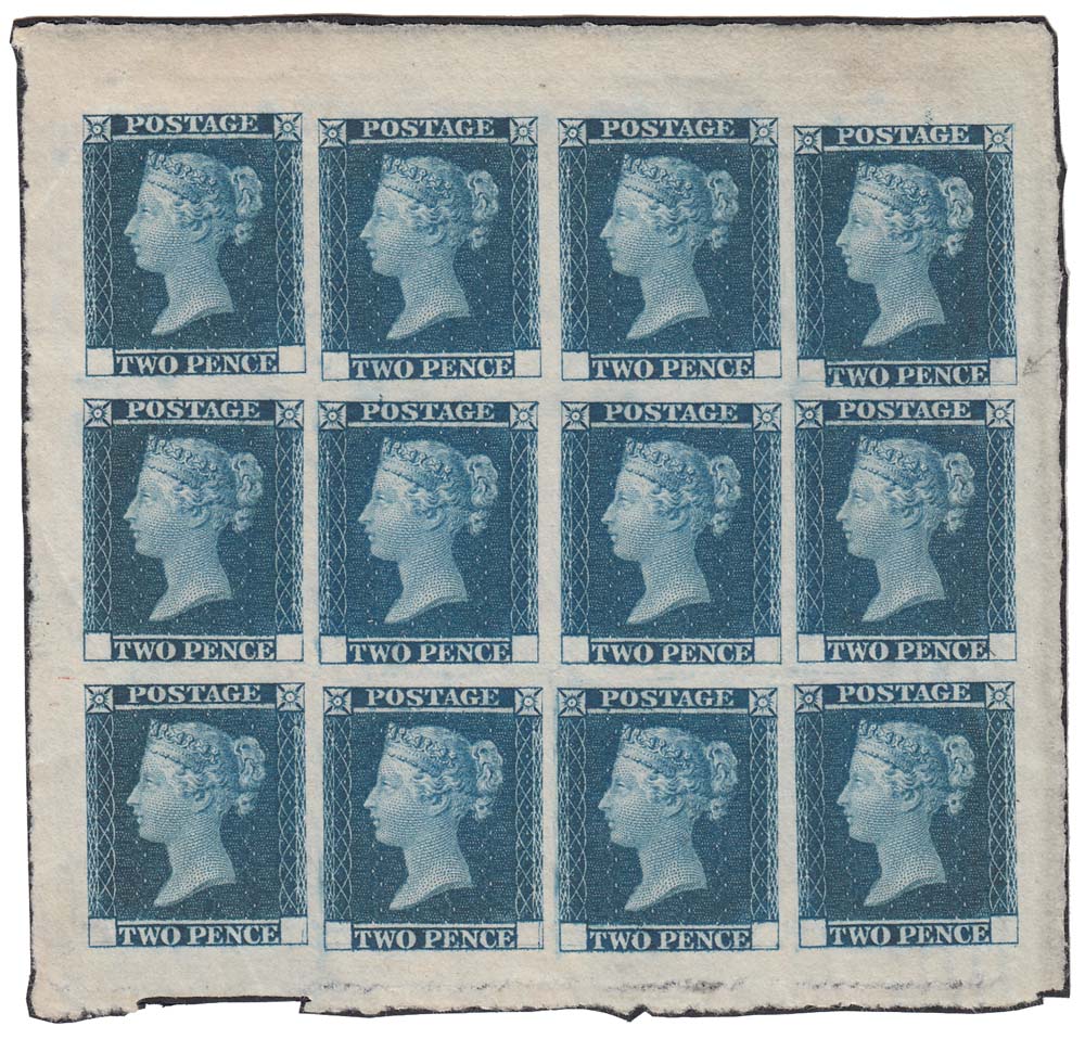 sgdp43-1841-small-trial-plate-of-12-2d-with-blank-letter-squares-andrew-g-lajer-philately